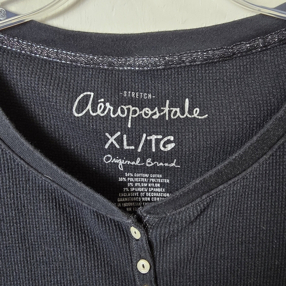 Aeropostale Stretch Black Waffle Knit Henley T Shirt Long Sleeve Y2K XL/TG - Picture 7 of 15